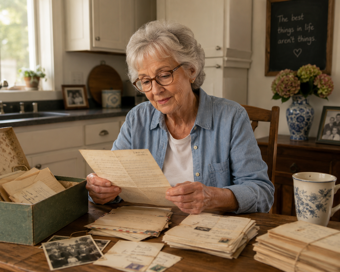 A retiree at the kitchen table scanning old family letters