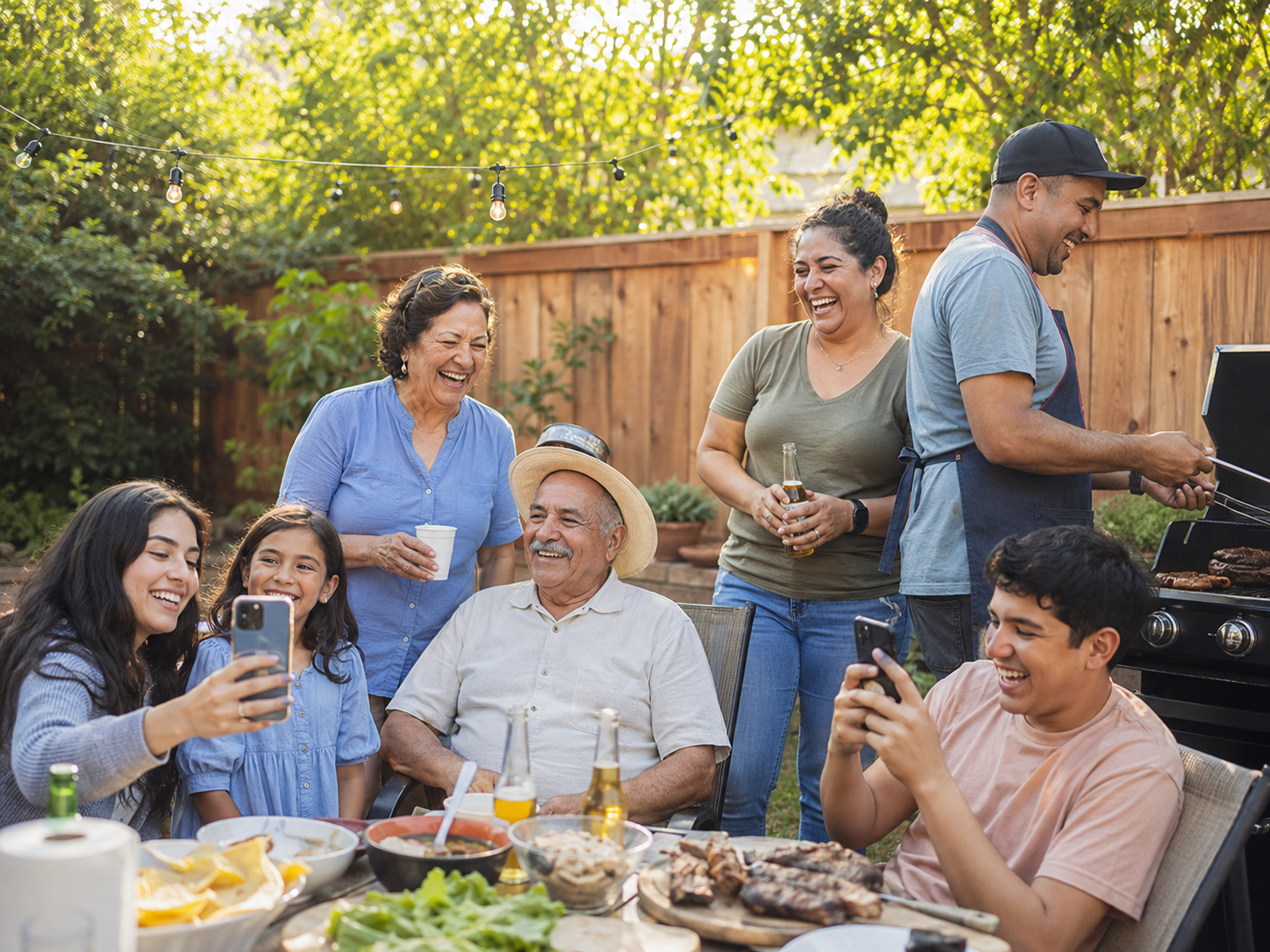Three generations at a backyard cookout, phones out, laughing