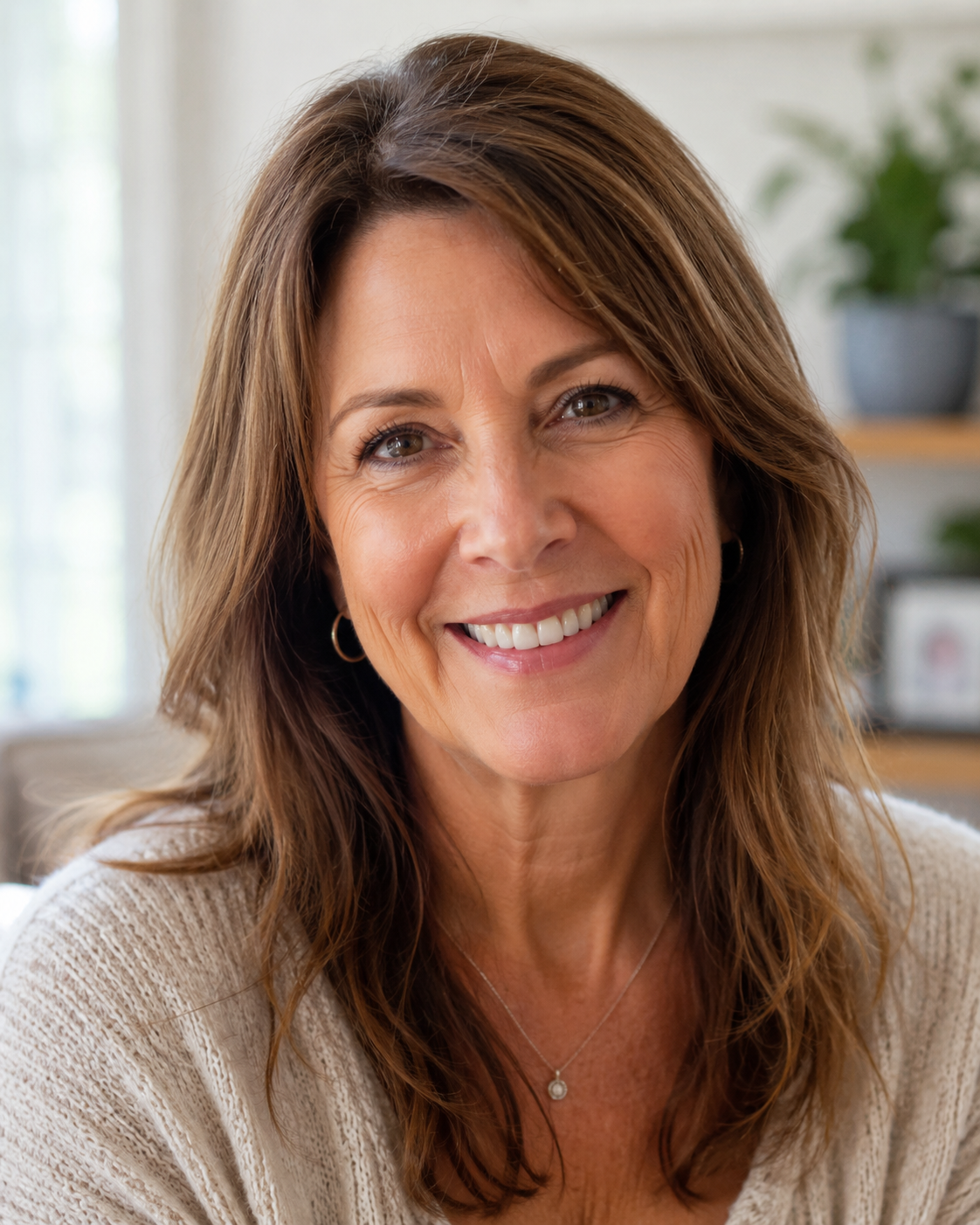 Warm headshot of a 50-something woman, friendly, everyday
