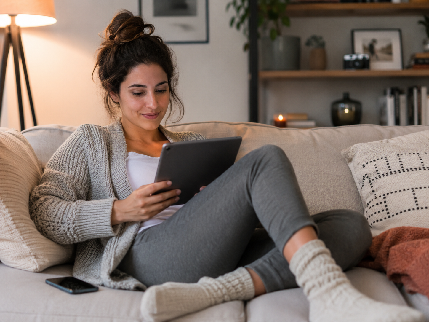 A woman relaxing on the couch with a tablet, phone resting beside her